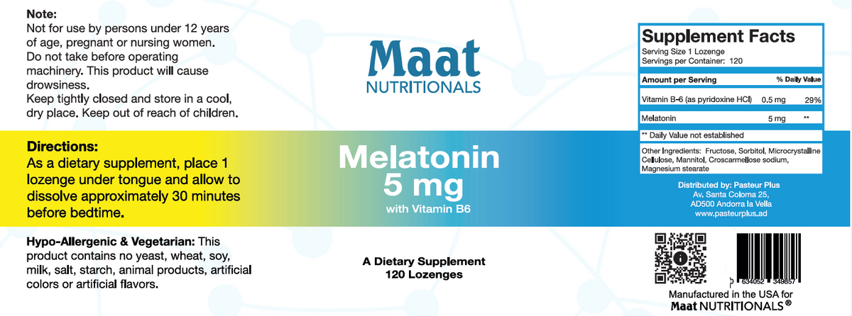 Etiqueta de Melatonina Maat 5 mg con composición, instrucciones y advertencias en inglés