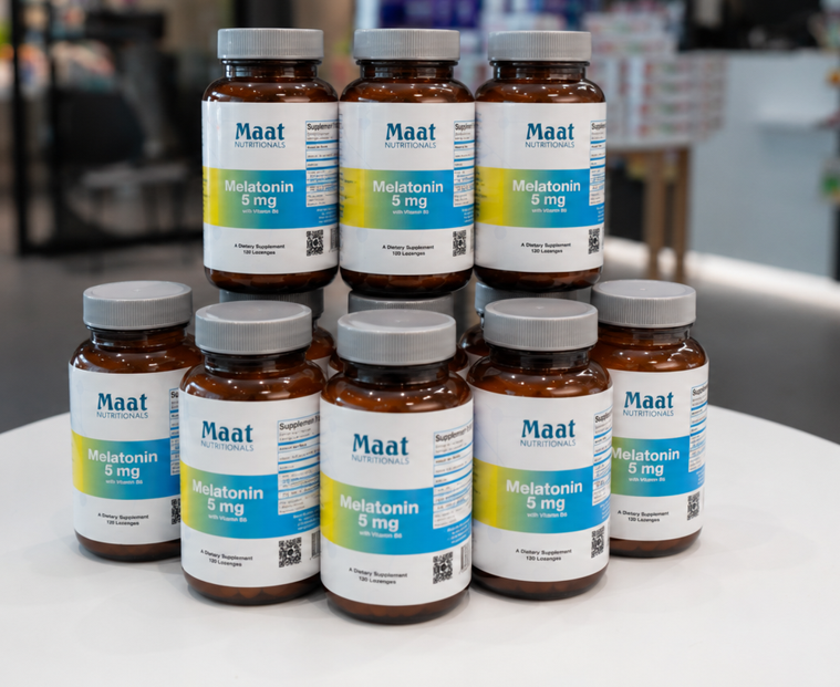 Varios envases de Melatonina Maat 5 mg en la farmacia. El producto se vende por un envase de 120 comprimidos
